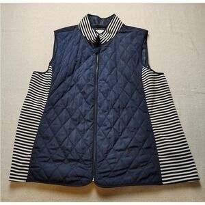 Talbots Woman Blue Quilted Vest Striped Sides Full Zip 2X Mock Neck Layering
